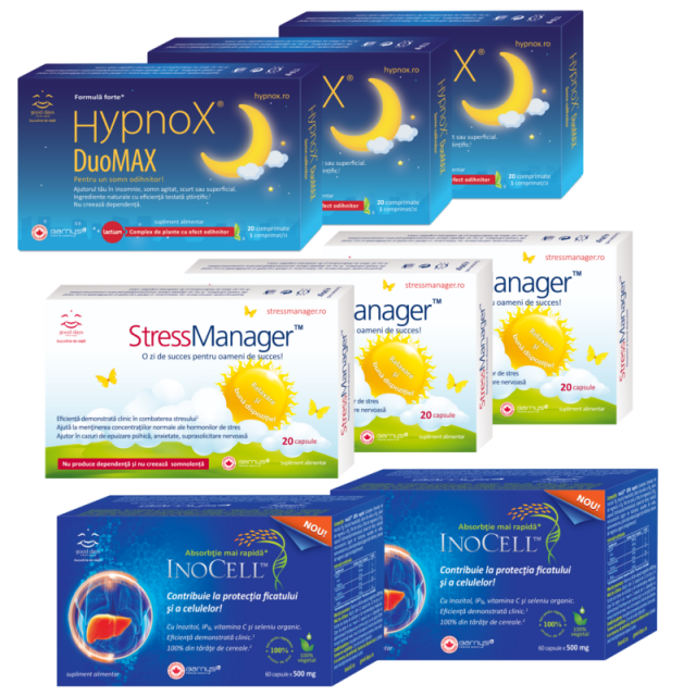 3 cutii StressManager™ + Pachet Hypnox® DuoMAX 2+1 GRATIS + 2 cutii InoCell™